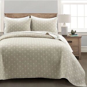 Lush Decor Hygge Kantha Pick Stitch Yarn Dyed Cotton 3 Piece Set King  Neutral